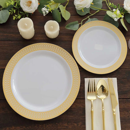 10-Pack Plastic Round Dinner Plates 10" White with Beige Gold Spiral Rim - Stylish Disposable Party Plates