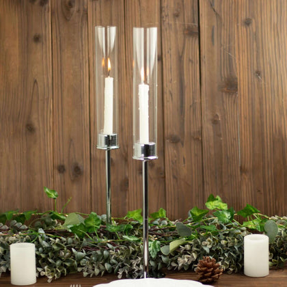 2-Pack Silver Metal Taper Candlestick Holders 20" - Clear Glass Hurricane Candle Stands With Chimney Candle Shades