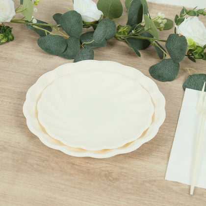 20 Pack Compostable Dessert Plates – 7" Cream Swirl Scalloped Pastel Color Salad Plates, Biodegradable Bamboo Tableware