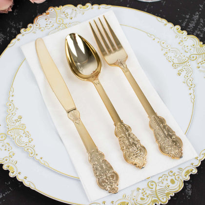 24 Pcs Plastic Silverware Set Metallic Gold in Baroque Style - Heavy Duty Disposable Knife, Fork, and Spoon Set