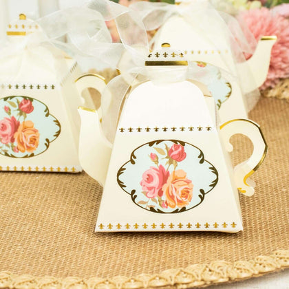 25 Pack Ivory Mini Teapot Gift Boxes with Ribbon, Vintage Rose Favor Boxes - 4"