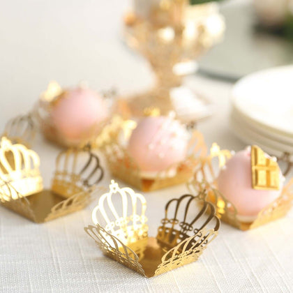 50-Pack Mini Paper Truffle Cup Liners 4" Square Design Metallic Gold Crown - 225GSM Cupcake Tray Wrappers
