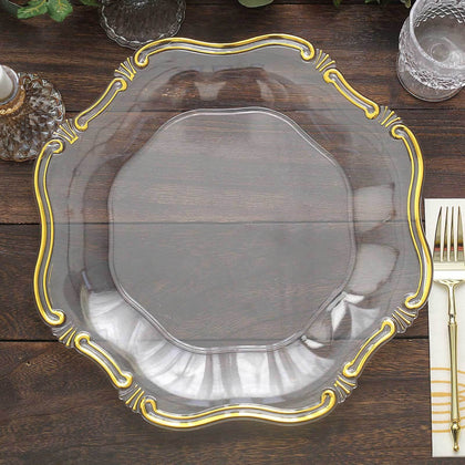 6-Pack Acrylic Plastic Charger Plates 13" Hexagon Clear Gold Baroque Scalloped Rim - Exquisite Dinner Serving Plates