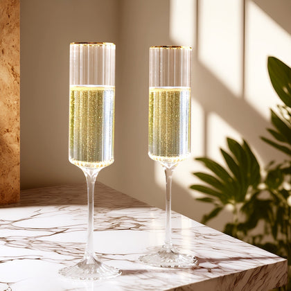 6-Pack Modern Champagne Flutes – 7oz Real Glass, Clear Ribbed Cylindrical Design with Gold Rim, Elegant Toasting Glasses for Weddings & Celebrations – 9.5" Tall