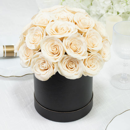 Prearranged Rose Centerpiece Arrangement, Ivory 27pcs Roses with Black Round Gift Box