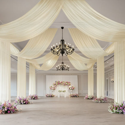 Sheer Wedding Arch Drape – 5ftx32ft Beige Sheer Curtain Backdrop, Ceiling Drapery Panel
