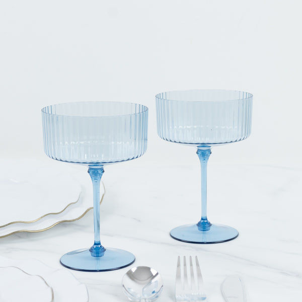 24-Pack Premium Disposable Cocktail Glasses – 10oz Dusty Blue Ribbed Plastic Coupe Champagne