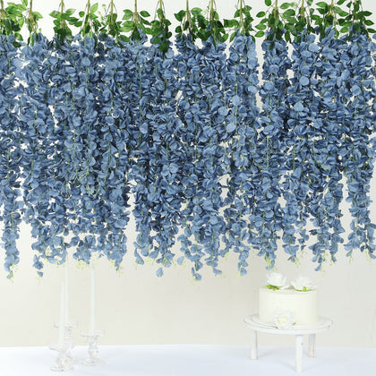 Artificial Silk Hanging Wisteria Flower Garland Vines in Dusty Blue, 5 Full Strands in 1 Bush - 42"