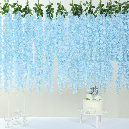 Artificial Silk Hanging Wisteria Flower Garland Vines in Light Blue, 5 Full Strands in 1 Bush - 42"