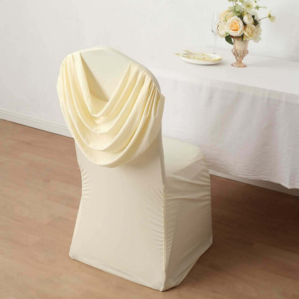 Spandex Fitted Banquet Chair Cover Ivory with Ruched Swag Back and Foot Pockets - Durable Slip-On Slipcover